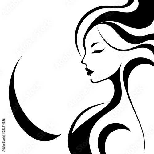 Stylized profile of a woman with flowing hair and crescent moon design on a minimalist white background, vector
