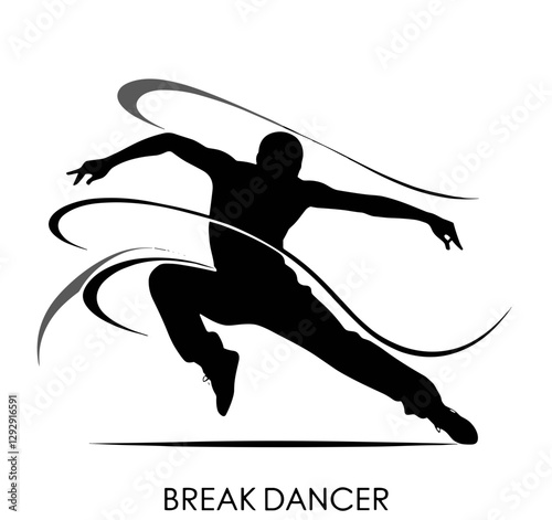 contemporary dance, break dance, Break dancer in dynamic pose showcasing fluid movement on a minimalist white background, vector