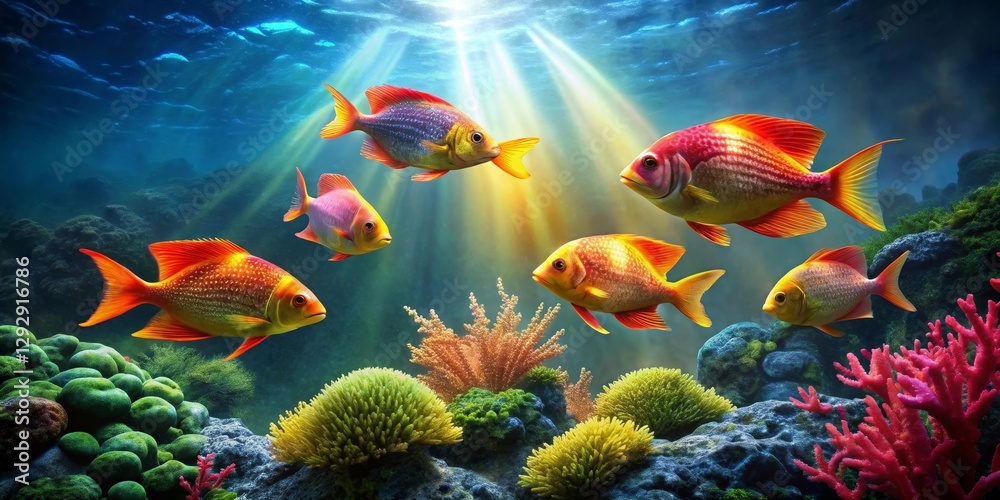 Naklejka premium Vibrant Reef Fish Gracefully Swimming Amidst Lush Coral and Aquatic Plants Under a Sunlit Ocean Surface