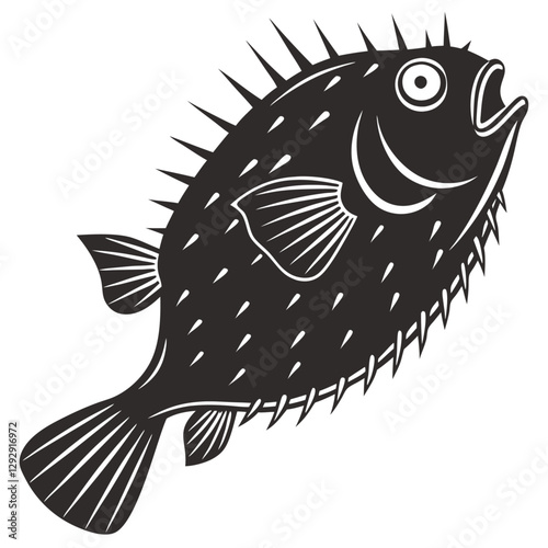 A high-contrast black silhouette of a pufferfish  against a TRANSPARENT BACKGROUND PNG VECTOR