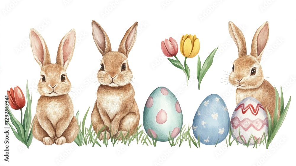Obraz premium Easter bunnies and springtime themes. Cute watercolor Easter bunny and spring theme Cute rabbits with colorful Easter eggs.