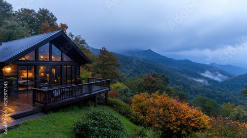 Mountain Cabin at Dusk, Autumn Colors, Peaceful View, Scenic Retreat, Relaxing Getaway photo