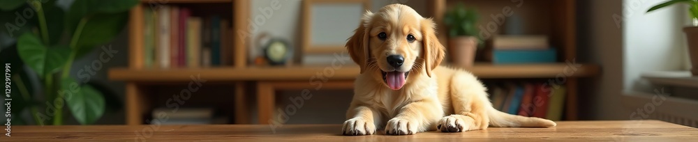 Adorable golden retriever puppy sitting happily on a wooden desk, happy, wooden, pet Adorable golden retriever puppy sitting happily on a wooden desk, happy, wooden, pet
