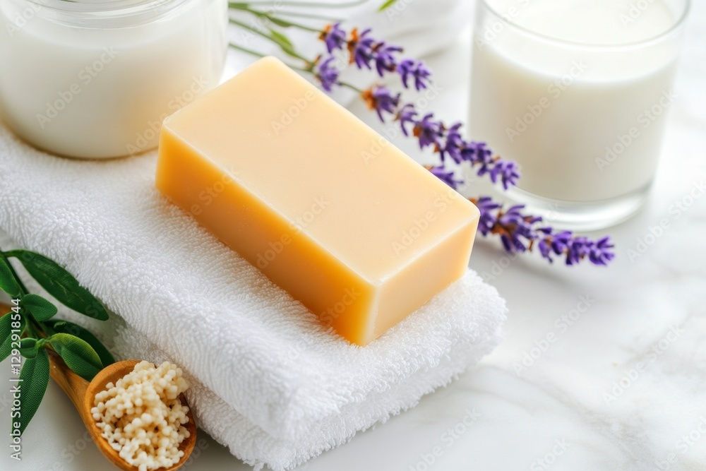 A creamy goat milk soap bar resting on a stack of soft white towels, with a sprig of lavender and a small glass of milk nearby A creamy goat milk soap bar resting on a stack of soft white towels, with a sprig of lavender and a small glass of milk nearby