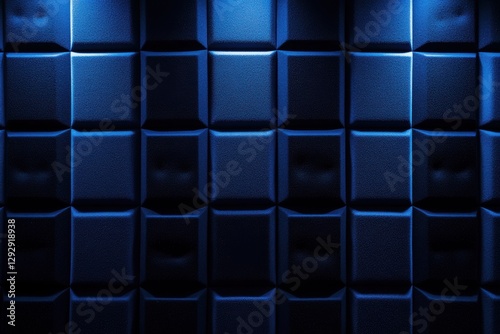 Soundproof studio backdrop featuring a blue lit dark acoustic wall ideal for radio or podcast visuals with space for a website banner photo