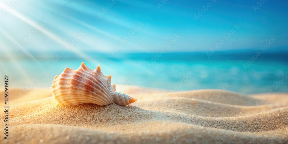 A delicate seashell placed on a bed of oceanic pastel blue sand with soft gradients of blue in the background , sandy beach, beach scene A delicate seashell placed on a bed of oceanic pastel blue sand with soft gradients of blue in the background , sandy beach, beach scene
