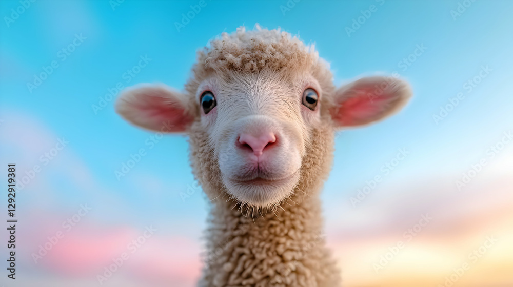 Naklejka premium Cute lamb portrait, sunset sky, farm background, spring