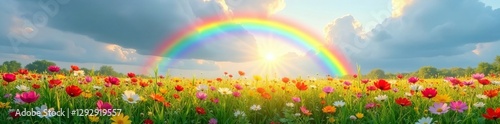 A vibrant rainbow over a blooming meadow in springtime, season, sunny