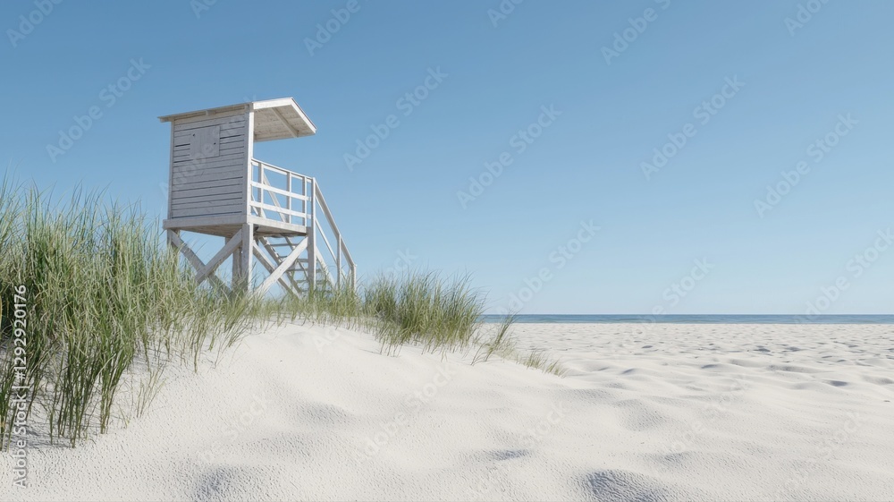 Sunny beach with a wooden lifeguard tower, surrounded by sand dunes and grassy vegetation under clear blue skies. Sunny beach with a wooden lifeguard tower, surrounded by sand dunes and grassy vegetation under clear blue skies.