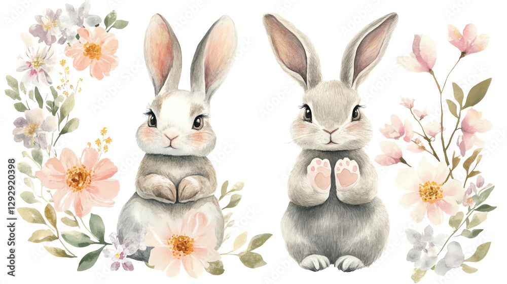 Obraz premium Easter bunnies and springtime themes. Cute watercolor Easter bunny and spring theme Cute rabbits surrounded by floral elements.
