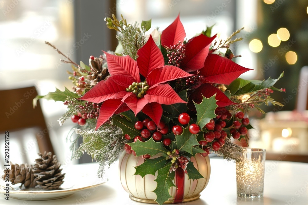 Fototapeta premium A festive Christmas bouquet with red poinsettias, holly berries, and pinecones, tied with a green ribbon