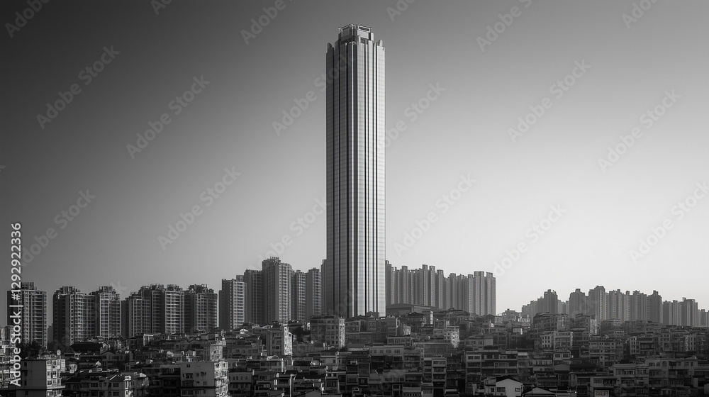 Fototapeta premium A grand metropolitan skyscraper rising in dominance over an intricate maze of residential structures, photographed in high-contrast black and white