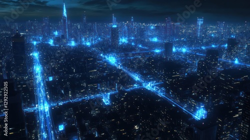 Futuristic city at night with glowing networks of light.
