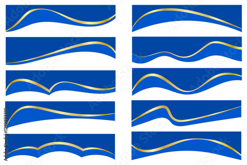 Abstract border shapes for banner design. Vector header with golden sections on white background. Website page templates. Top and separator modern elements. Simple blue wavy horizontal menu for site.