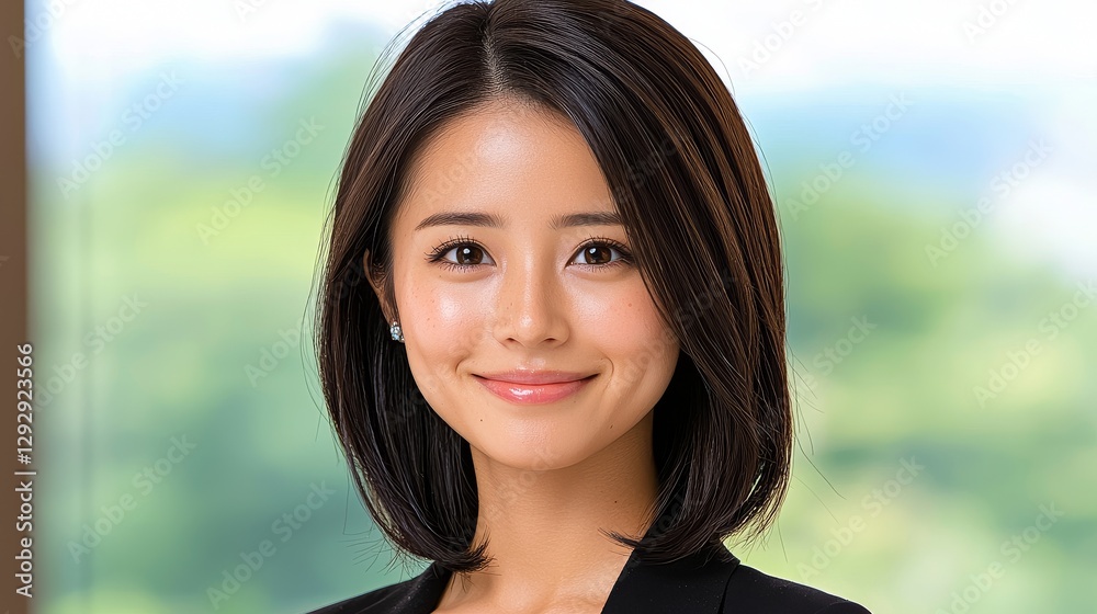 A confident woman smiles in a professional setting with a lush background. A confident woman smiles in a professional setting with a lush background.