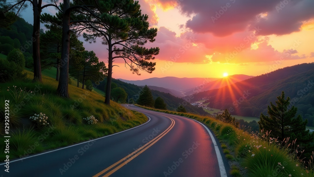 Serene Sunset Vista Winding Asphalt Road Through Lush Green Hills and Mountains at Golden Hour Serene Sunset Vista Winding Asphalt Road Through Lush Green Hills and Mountains at Golden Hour