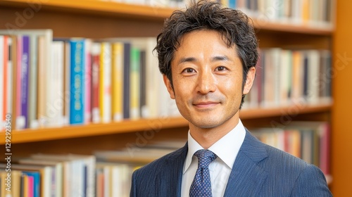 A confident man in a suit stands in front of a bookshelf, exuding professionalism.