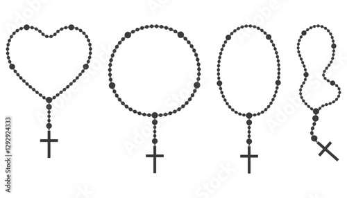 Rosary beads silhouettes set. Prayer heart shaped jewelry for meditation. Catholic chaplet with cross. Religion symbol. Vector illustration.