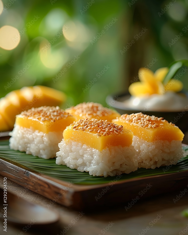 Delicious Mango Sticky Rice Dessert on Wooden Plate Delicious Mango Sticky Rice Dessert on Wooden Plate