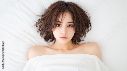 A serene portrait of a woman relaxing in bed, embodying a peaceful lifestyle. photo