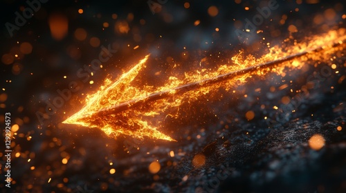 Fiery arrow in motion against dark background with sparks and glowing embers, high energy and power concept