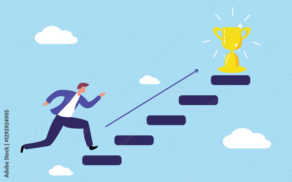 An individual striving forward, navigating through obstacles, and heading toward a trophy at the top, symbolizing hard work, determination, and the pursuit of success. An individual striving forward, navigating through obstacles, and heading toward a trophy at the top, symbolizing hard work, determination, and the pursuit of success.
