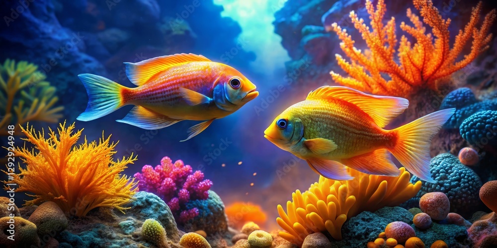 Fototapeta premium Vibrant Reef Scene Featuring Two Ornate Fish Swimming Amongst Lush Coral and Diverse Marine Flora