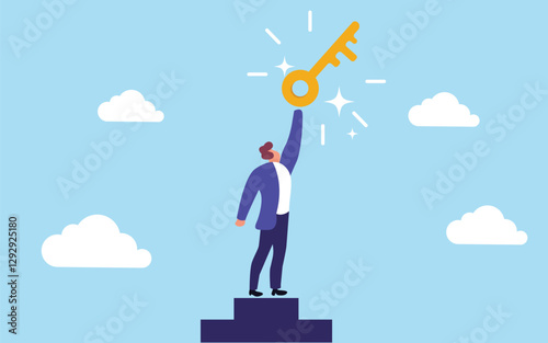 A person standing on a podium, holding a key triumphantly above their head, symbolizing achievement, success, and unlocking new opportunities or potential bussiness.