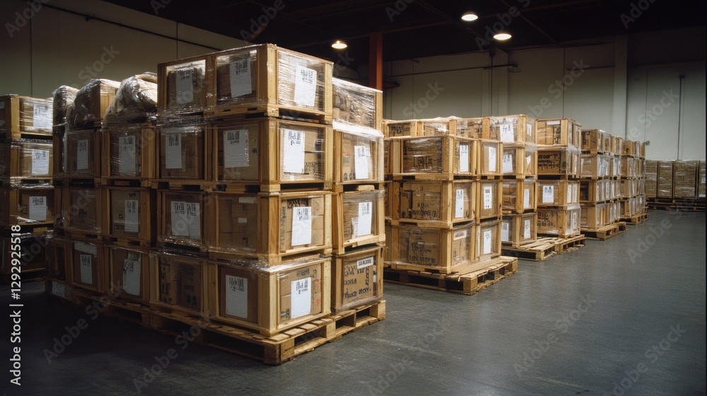 Warehouse Inventory Management Pallets of boxed goods stacked, ready for shipping Warehouse Inventory Management Pallets of boxed goods stacked, ready for shipping