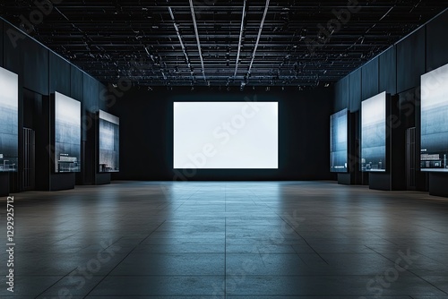 Empty modern museum hall with blank screen
