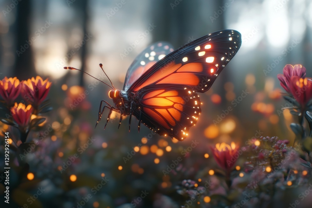 Obraz premium A futuristic butterfly with metallic wings and glowing neon patterns, hovering above a futuristic garden filled with holographic flowers