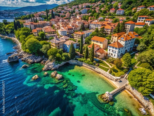 Aerial View of Icici Village Beach & Waterfront, Opatija Riviera, Croatia: Stunning Coastal Macro Photography
