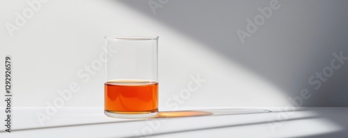 Scientific glass container with deep ambercolored liquid, casting a soft shadow, isolated against a muted gray background for a contemporary feel photo