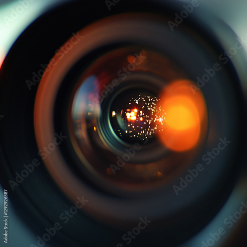 Close up camera lens reflection colorful urban city nightscape photography optical glass focus aperture light flare macro shot depth field equipment modern technology precision design eye look sharp