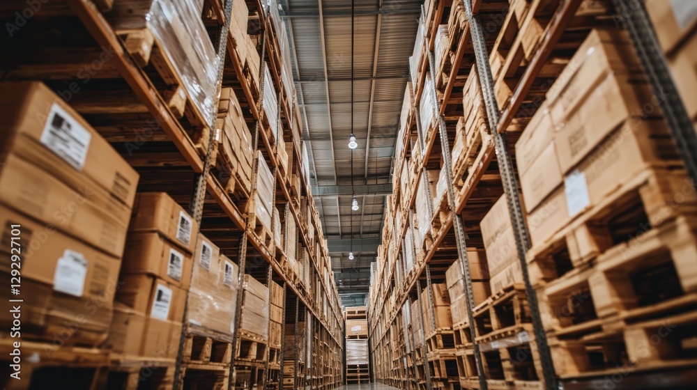 Warehouse aisle, stacked pallets, cardboard boxes, logistics, interior, distribution, inventory management Warehouse aisle, stacked pallets, cardboard boxes, logistics, interior, distribution, inventory management