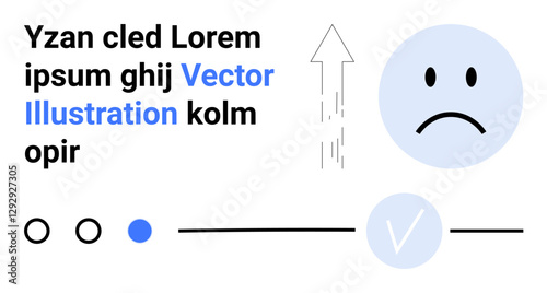 Sad face in blue circle, up arrow, horizontal line with check mark, and randomized text elements. Ideal for presentation graphics, mood indicators, UIUX design, conceptual art, emotion tracking