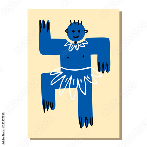 Funny blue abstract man. Dancing geometric creature . The native. Vector illustration hand-drawn.