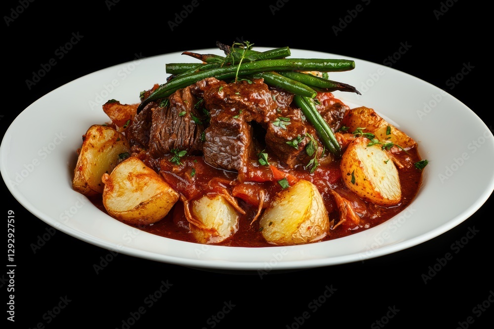 Tender beef stew with golden roasted potatoes and fresh green beans, elegantly plated on a white dish against a sleek black background for contrast Tender beef stew with golden roasted potatoes and fresh green beans, elegantly plated on a white dish against a sleek black background for contrast