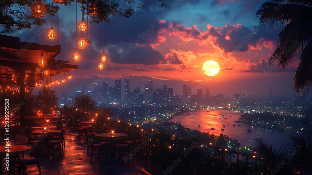 Rooftop Restaurant Sunset Cityscape Moon Rooftop Restaurant Sunset Cityscape Moon