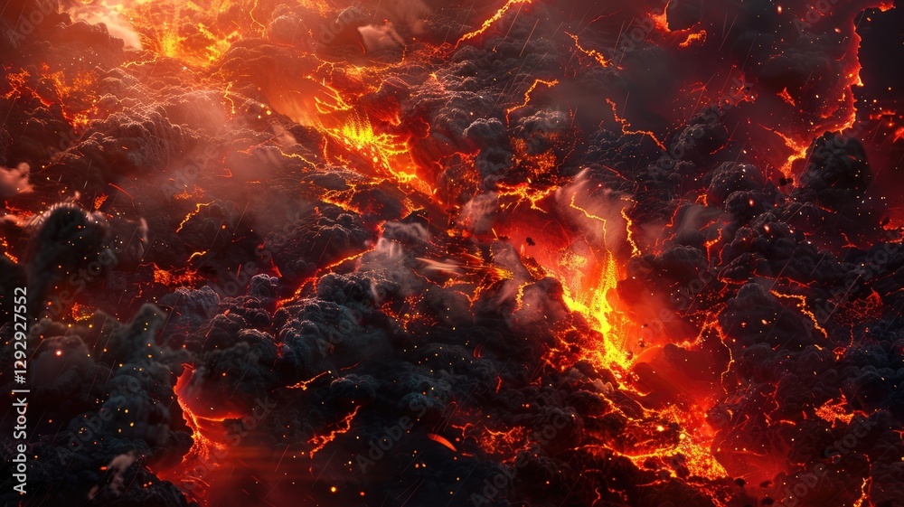 A striking image showcasing the intense flow of molten lava against a backdrop of dark, smoky clouds. The vibrant colors and chaotic movement evoke the raw power of nature. A striking image showcasing the intense flow of molten lava against a backdrop of dark, smoky clouds. The vibrant colors and chaotic movement evoke the raw power of nature.
