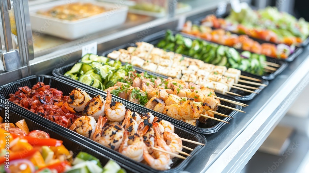 Grilled seafood & veggie skewers cafe display Grilled seafood & veggie skewers cafe display
