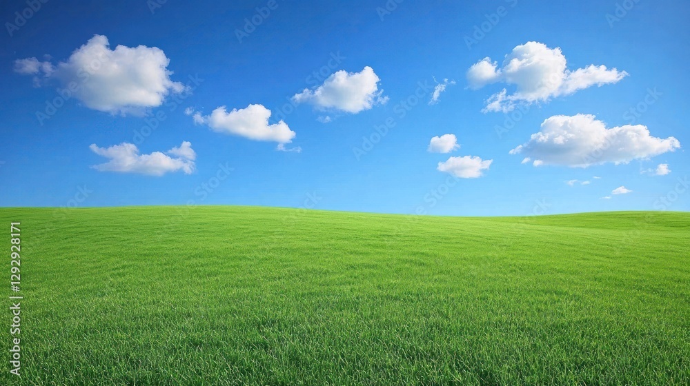 Rolling green field, blue sky, fluffy clouds, idyllic landscape, nature background Rolling green field, blue sky, fluffy clouds, idyllic landscape, nature background