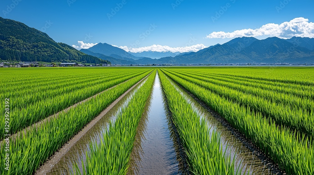 Fototapeta premium Vibrant green rice field with mountains under a clear blue sky, showcasing nature's beauty.