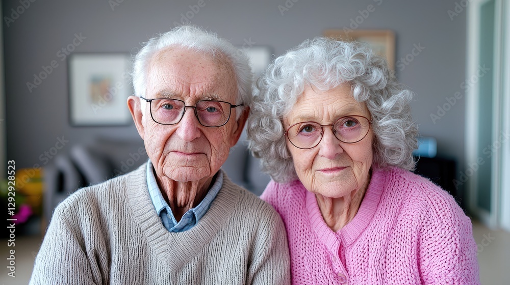 Elderly couple portrait, home living room, background blurred Elderly couple portrait, home living room, background blurred