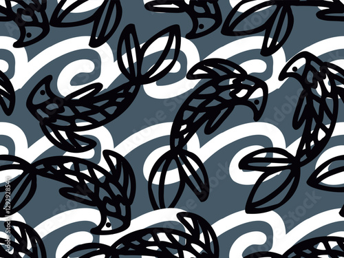 Fish,  waves, underwater,  sea, ocean, river, sailing,  food,  nature, wild. Seamless vector pattern for design and decoration. 