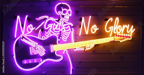 Neon sign no guts glory skeleton playing burning guitar bright colorful realistic photo