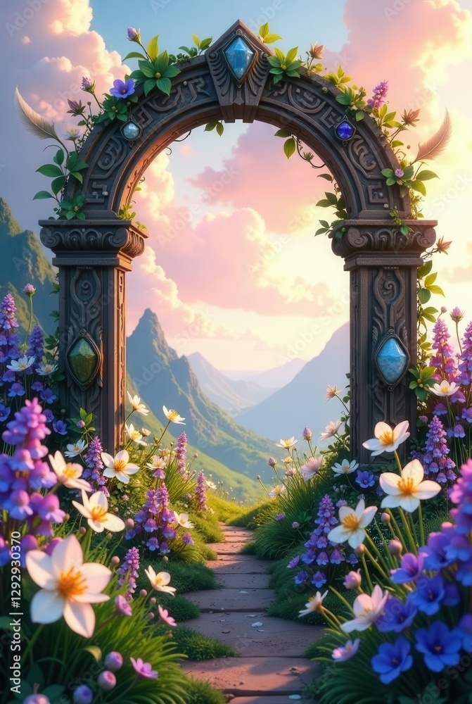 Fototapeta premium A Mystical Stone Archway Adorned with Gems and Blooming Flowers Leads to a Serene Mountain Vista
