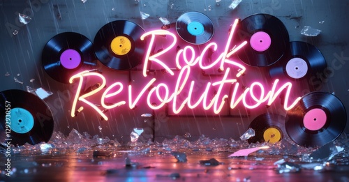 Neon sign rock revolution vinyl records shattering floating storm bright colorful realistic photo