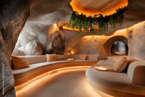 A herbal steam room with natural stone walls, aromatic herbs hanging from the ceiling, and soft lighting