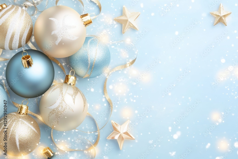 Fototapeta premium Festive Ornaments & Stars: An elegant assortment of holiday ornaments and star-shaped decorations create a joyful, festive atmosphere against a cool backdrop of snow.